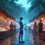 Cinematic wide-angle shot symbolizing the integration of AI and e-commerce in the Caribbean, depicting a blend of tropical elements and digital interfaces.