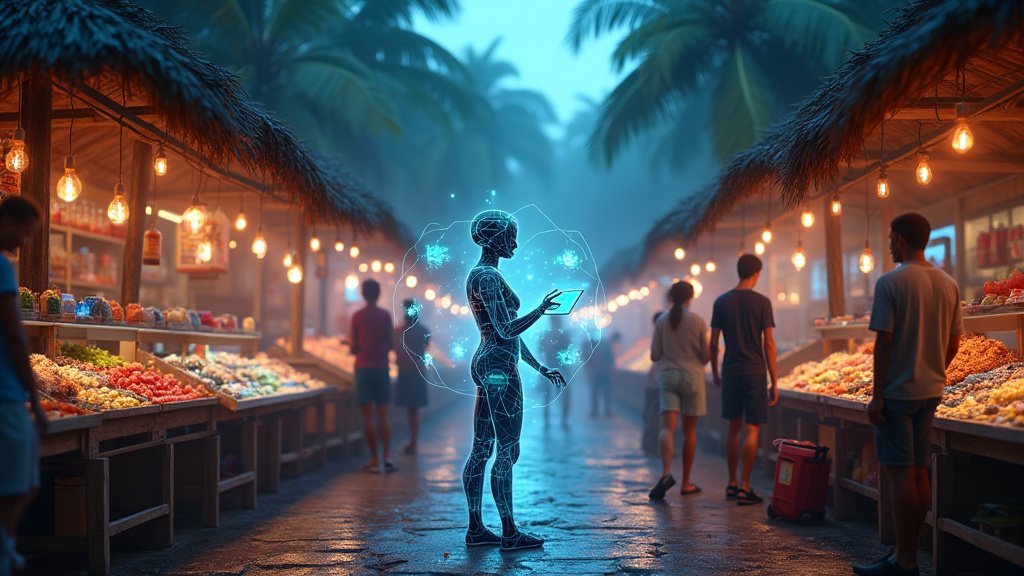 Cinematic wide-angle shot symbolizing the integration of AI and e-commerce in the Caribbean, depicting a blend of tropical elements and digital interfaces.