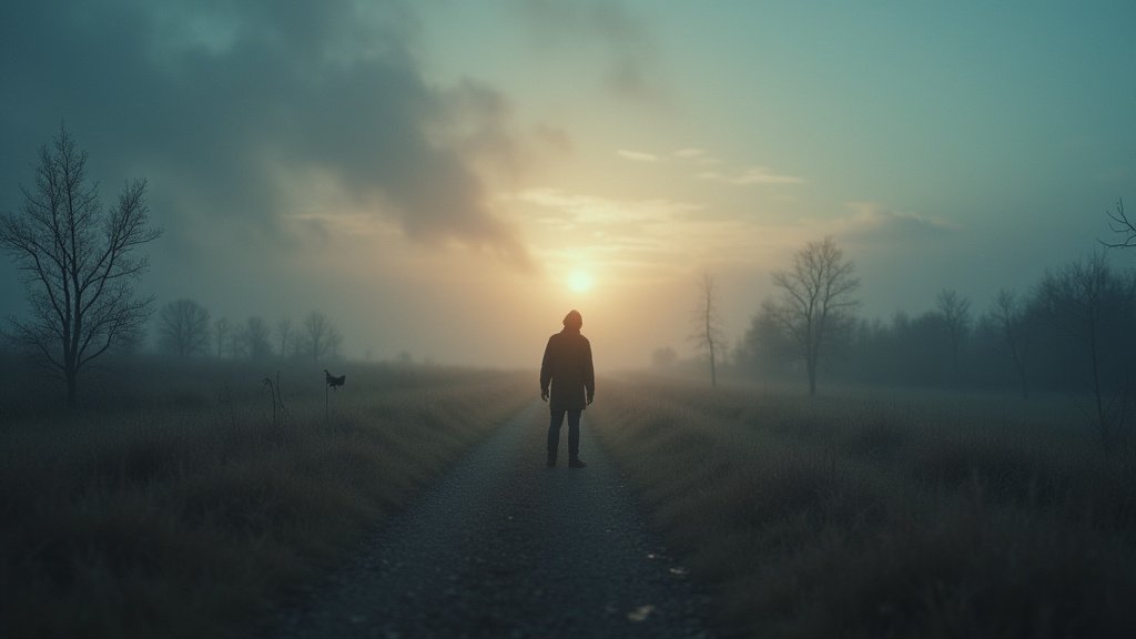 Finland's serene landscape juxtaposed with subtle elements symbolizing global tensions and the impact of social media on youth well-being, as highlighted in the World Happiness Report 2026.