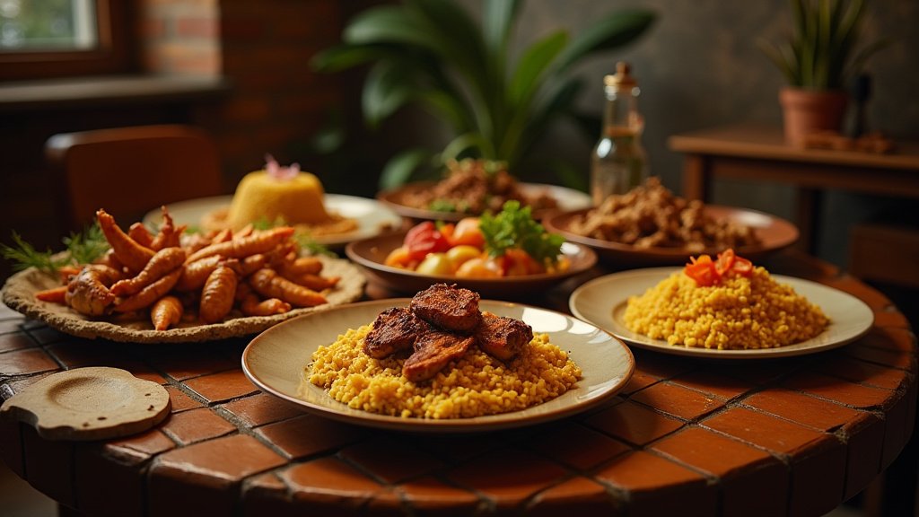 A vibrant and atmospheric interior shot of a Coral Springs restaurant, showcasing a delicious Haitian dish on a table, evoking the warmth and cultural richness of Caribbean cuisine.