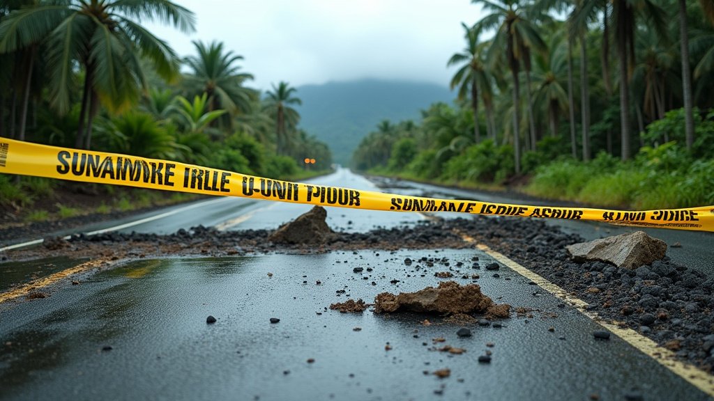 Cinematic wide-angle shot of a flooded residential street on O'ahu during a severe storm, representing the impact of flash flooding on communities.