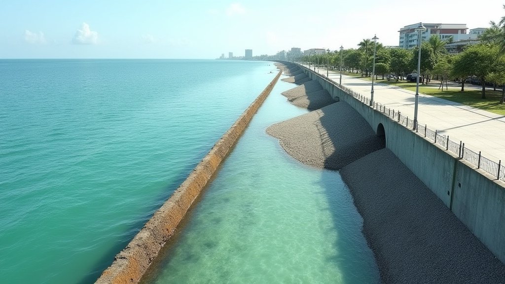 A resilient new urban center in Black River, Jamaica, symbolizing post-Hurricane Melissa reconstruction and climate-proof development with coastal defenses in the background.