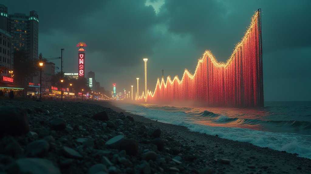 Cinematic wide-angle shot of a vibrant carnival scene symbolizing Main Event's financial recovery post-hurricane.