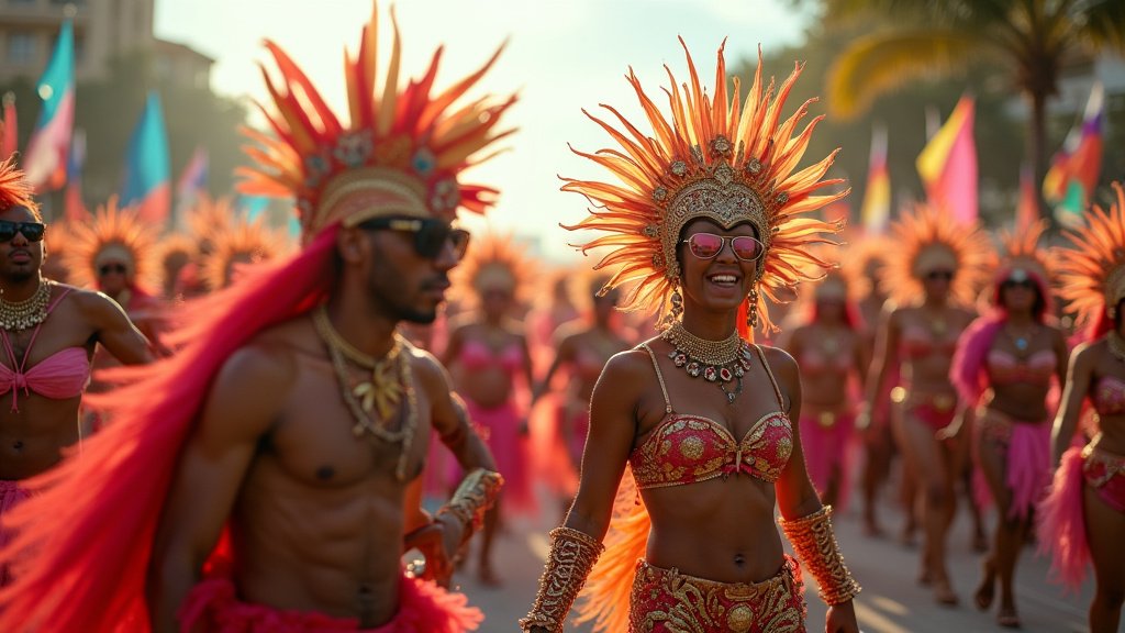 Vibrant and energetic wide-angle shot of Miami Carnival showcasing masqueraders in colorful costumes dancing to soca music amidst a joyous crowd and festive atmosphere.