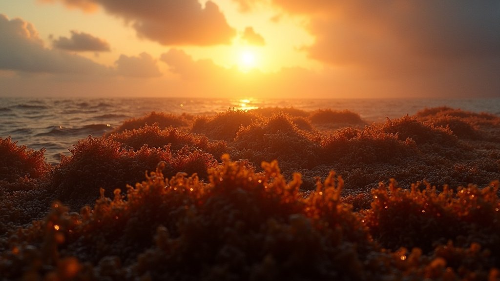 Cinematic wide-angle shot of a vast sargassum seaweed bloom in the ocean, symbolizing an ecological crisis.