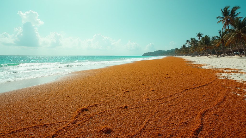 Cinematic wide-angle shot of a vast sargassum seaweed bloom covering a tropical beach, representing the marine bioinvasion impacting Florida and the Caribbean.