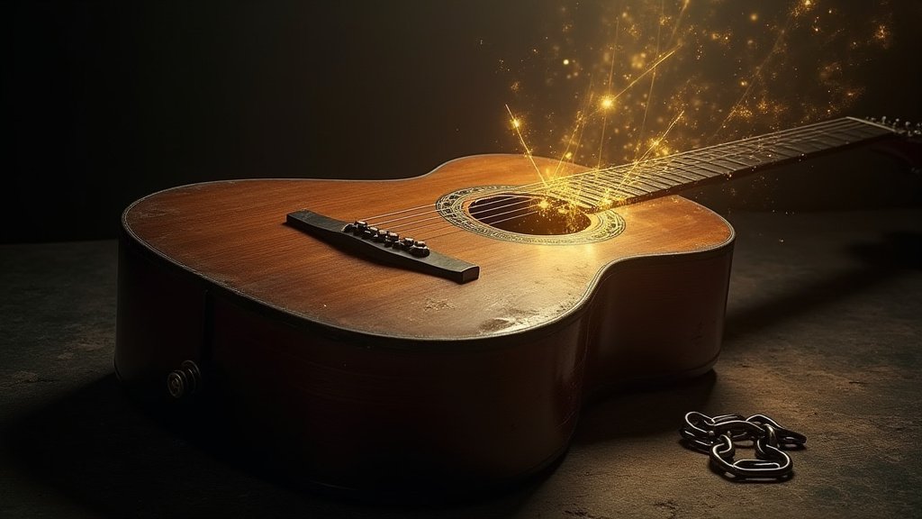 Cinematic wide-angle shot symbolizing the remembrance of the slave trade and the enduring message of hope and justice, inspired by Bob Marley's 'Redemption Song'.